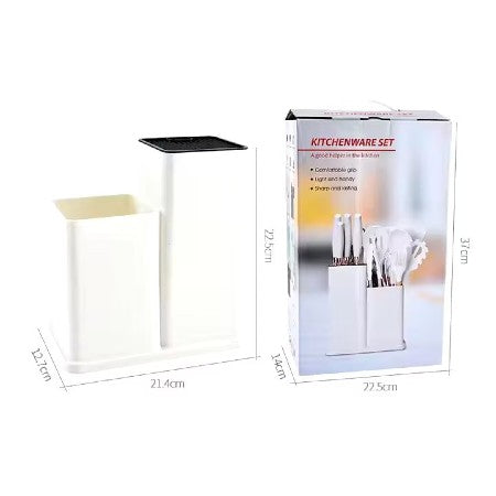 Set cutite otel inoxidabil, AT PERFORMANCE® si ustensile de bucatarie in suport cu tocator, 19 piese